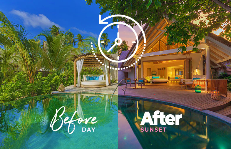Milaidhoo Maldives Beach Pool Villa by Day and at Sunset
