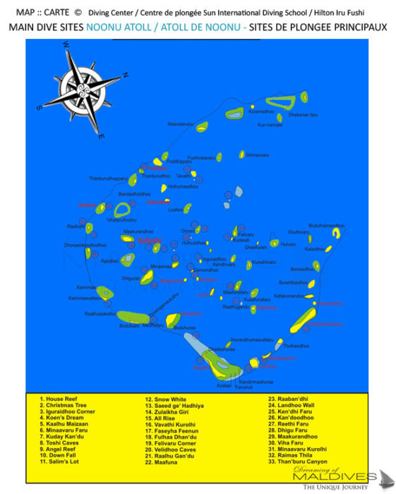 Noonu Atoll Diving Site Map reachable from Iru Fushi
