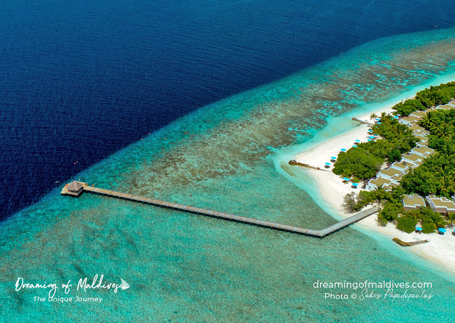 OBLU at Helengeli best resort for snorkeling in Maldives. Aerial view
