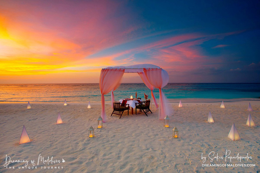 romantic sunset beach dinner at OBLU Sangeli maldives
