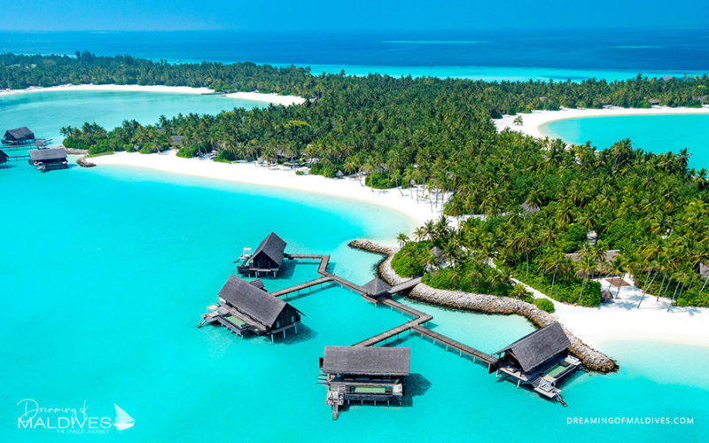 One & Only Reethi Rah water villas aerial view