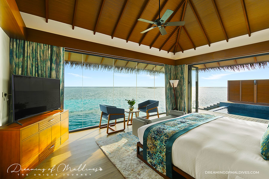 Pullman Maldives Underwater aqua Villa bedroom upstairs with sunrise views