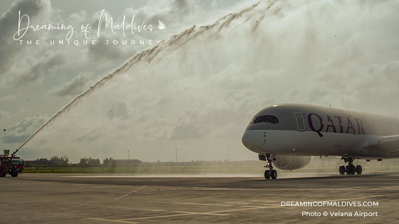 Airbus A359 aircraft from Qatar Airways QR 672 taxiing at Velana Airport with the first tourists