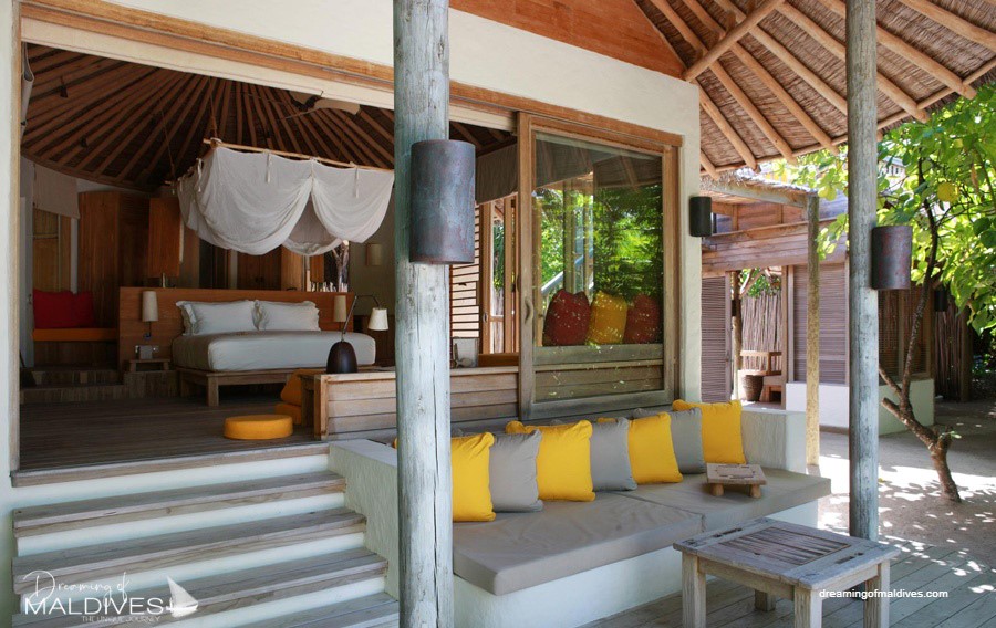 Beach Villa has a private garden with daybeds at Six Senses Laamu