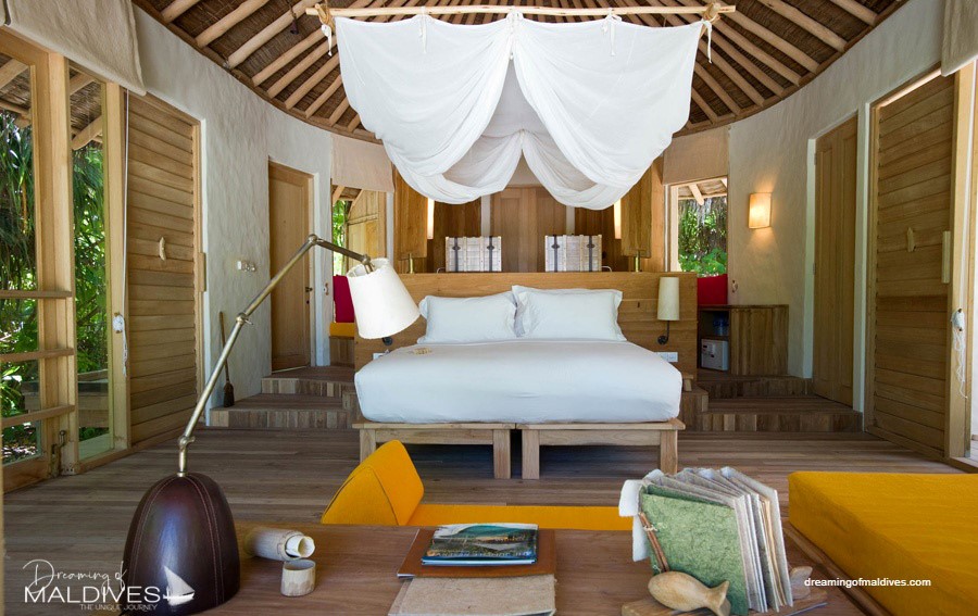 Typical interior of a Beach Villa at Six Senses Laamu : here, the Bedroom