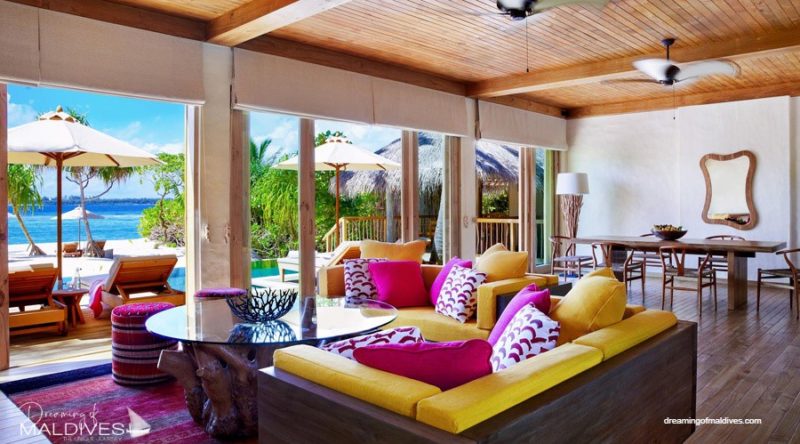 Six Senses Laamu Two-Bedroom Ocean Beach Villa with Pool Living Room