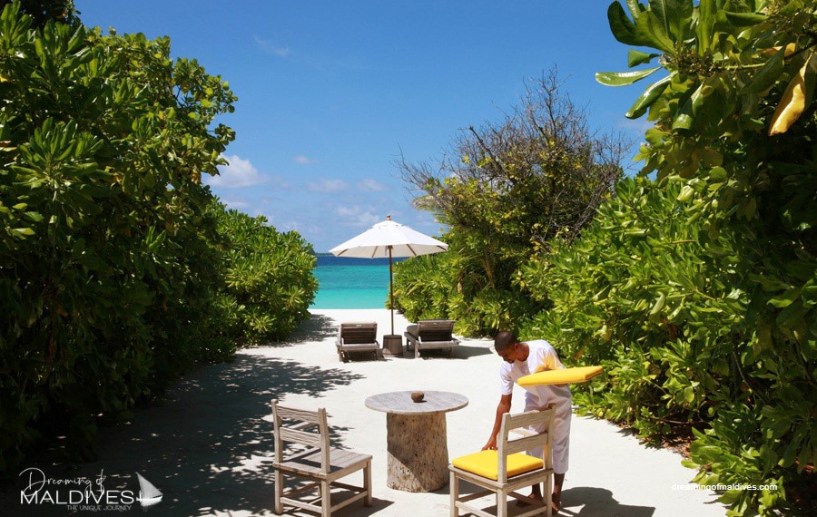 Access to your private Beach from the Villa at Six Senses Laamu