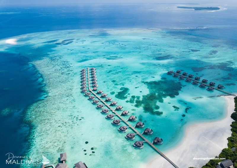 Six Senses Laamu aerial view at water villas
