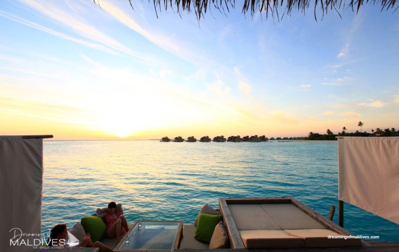 Six Senses Laamu water villa view at sunset