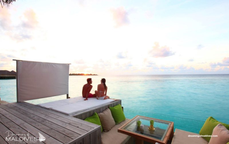 Six Senses Laamu water villa view at sunset