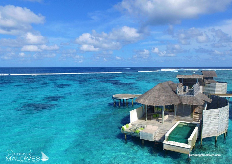 Six Senses Laamu water villa with pool aerial view