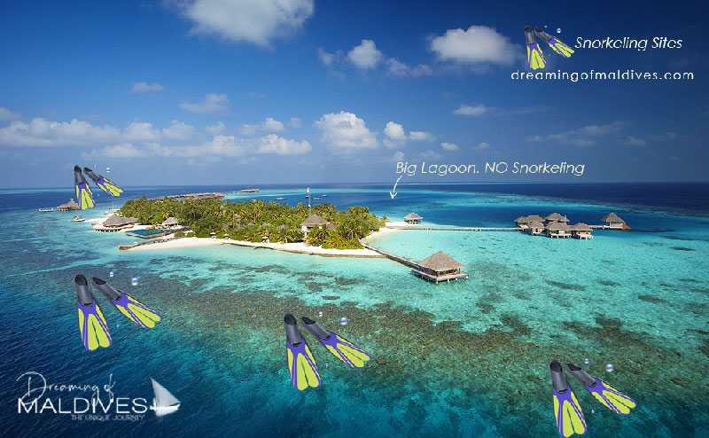 View of Huvafen Fushi Maldives snorkeling areas - map house reefs aerial