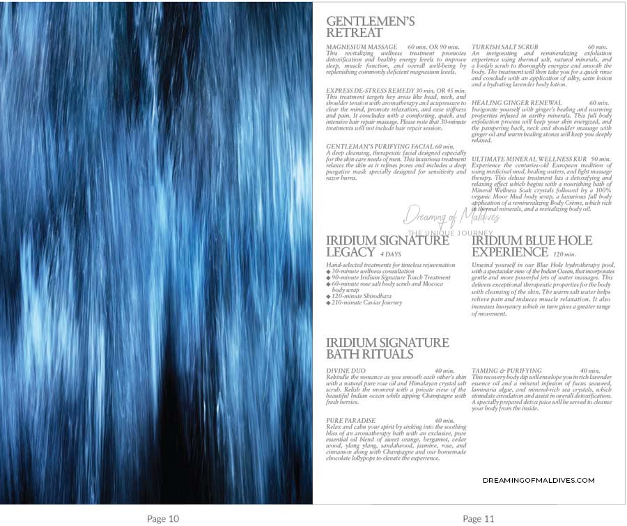 IRIDIUM SPA Massages and Treatment prices