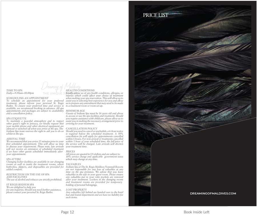 IRIDIUM SPA Massages and Treatment prices