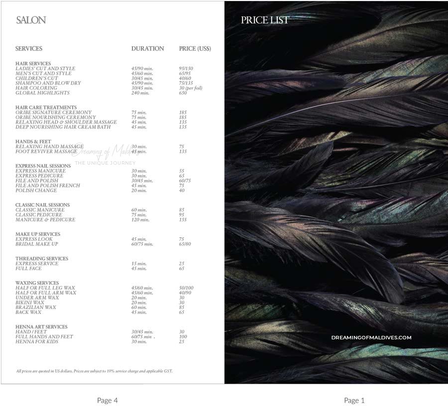 IRIDIUM SPA Massages and Treatment prices