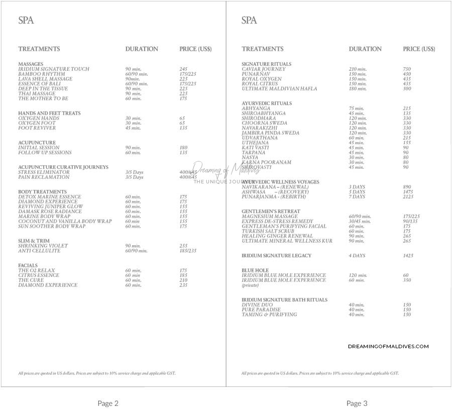 IRIDIUM SPA Massages and Treatment prices