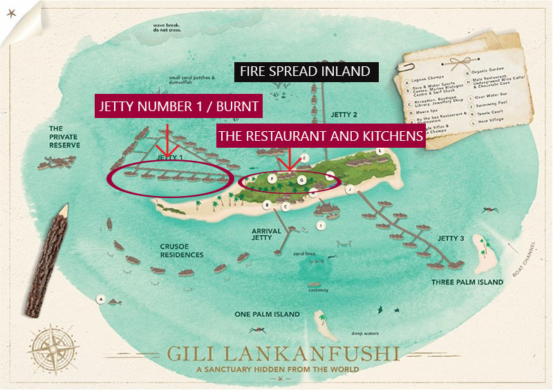 buildings have rapidly burnt and the fire passed from one Water Villa to another up until ( according to first report ) to the Restaurants and main kitchen