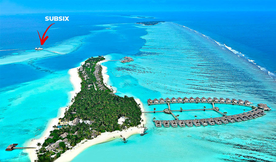Aerial Photo of SUBSIX Niyama Maldives. Located more than located 500 meters off-shore Niyama main island, Subsix is only accessible by boat from the resort.