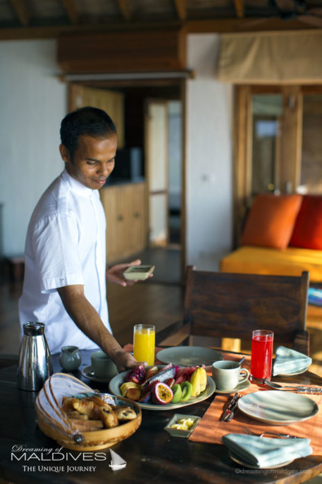 breakfast served in our villa Gili Lankanfushi Maldives.
