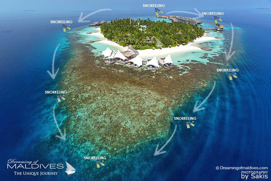 where to snorkel around W Maldives aerial map location best snorkeling spots